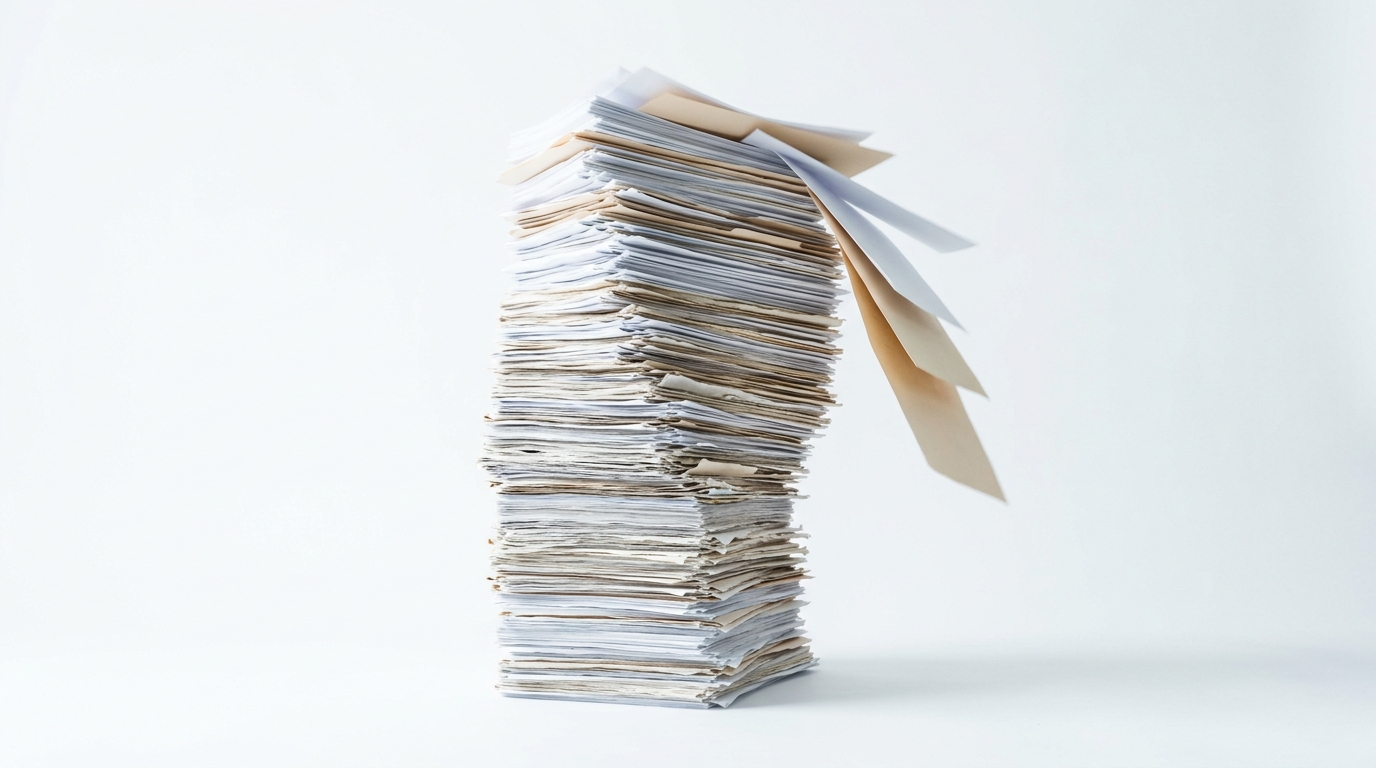 A tall, precarious stack of paper documents with loose pages spilling off the top against a white background, representing an overloaded AI context window
