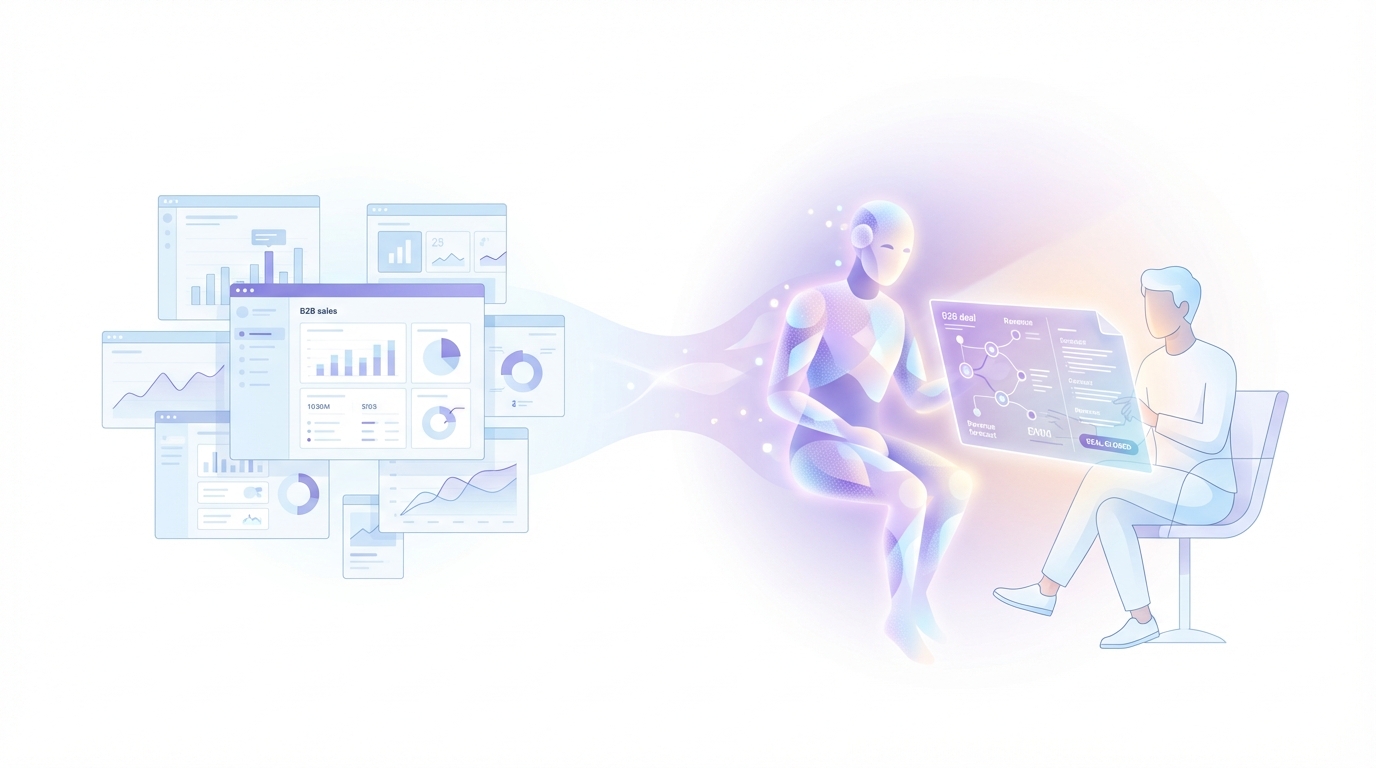 Illustration showing disconnected dashboards on the left transitioning to an AI figure collaborating alongside a human professional on the right